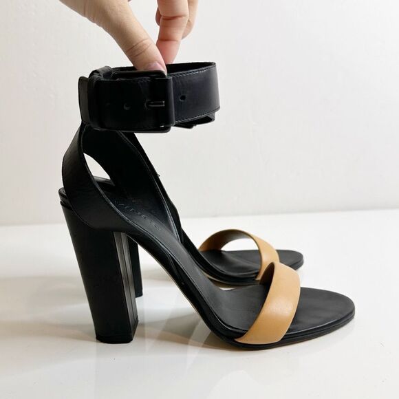 Vince Alexa Leather Ankle Strap Sandals Block Heel Black Nude Women's 7.5 EU 38 - Picture 4 of 9
